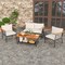 4-Piece Grey Rattan Outdoor Patio Set with Off-White Cushions and Acacia Wood
